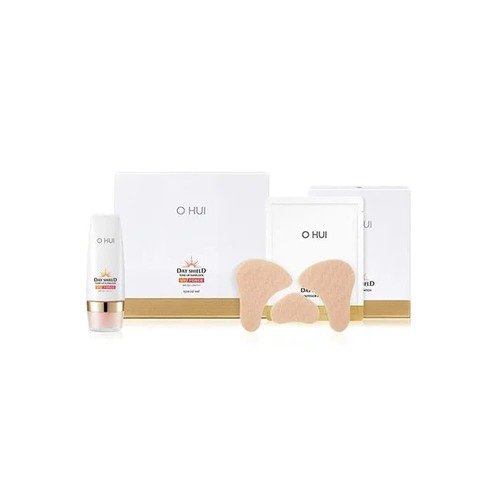 Набор солнцезащитных средств O HUI DAY SHIELD Tone Up Sunblock UV Force — тональный солнцезащитный крем SPF 50+ PA++++ и патчи для защиты кожи от ультрафиолетовых лучей.