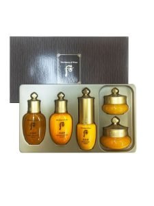 The Whoo Gongjinhyang 5pcs Special Gift Set viewed from a different angle, showcasing the elegant packaging and premium skincare products including toner, essence, and cream in a luxurious gift box