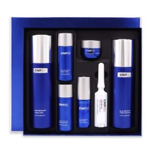 CNP Rx Blue Microlift Gift Set – advanced anti-aging skincare gift set with serum and cream in sleek blue packaging, designed to firm and revitalize skin