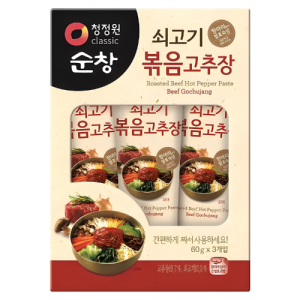 Chung Jung One Sunchang Beef Stir-Fried Gochujang 3-pack set featuring spicy Korean red chili paste with savory beef flavor, packaged in convenient squeeze bottles.