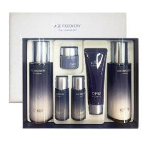 OHUI Age Recovery 2pcs Special Set featuring anti-aging toner and emulsion with baby collagen to improve skin firmness and elasticity