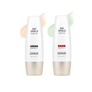 OHUI Day Shield Perfect Sun Black/Red SPF 50+ PA++++ sunscreen 50ml for daily UV protection and skin tone correction