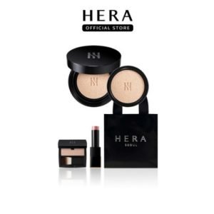 HERA NEW Black Cushion Duo (Full Size + Refill) with Highlighter and Mini Lip – premium Korean makeup set for flawless coverage, glow, and color in a single kit.