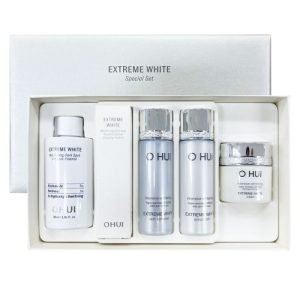 OHUI Extreme White Mela Toning Dark Spot Ampoule Essence Gift Set with brightening serum and skincare minis for dark spot care